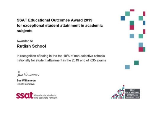 SSAT Educational Outcomes Awards 2019 certificate for exceptional students attainment in academic subjects KS5