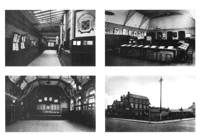 4 black and white photos from 1930 of the old school building, internal and external