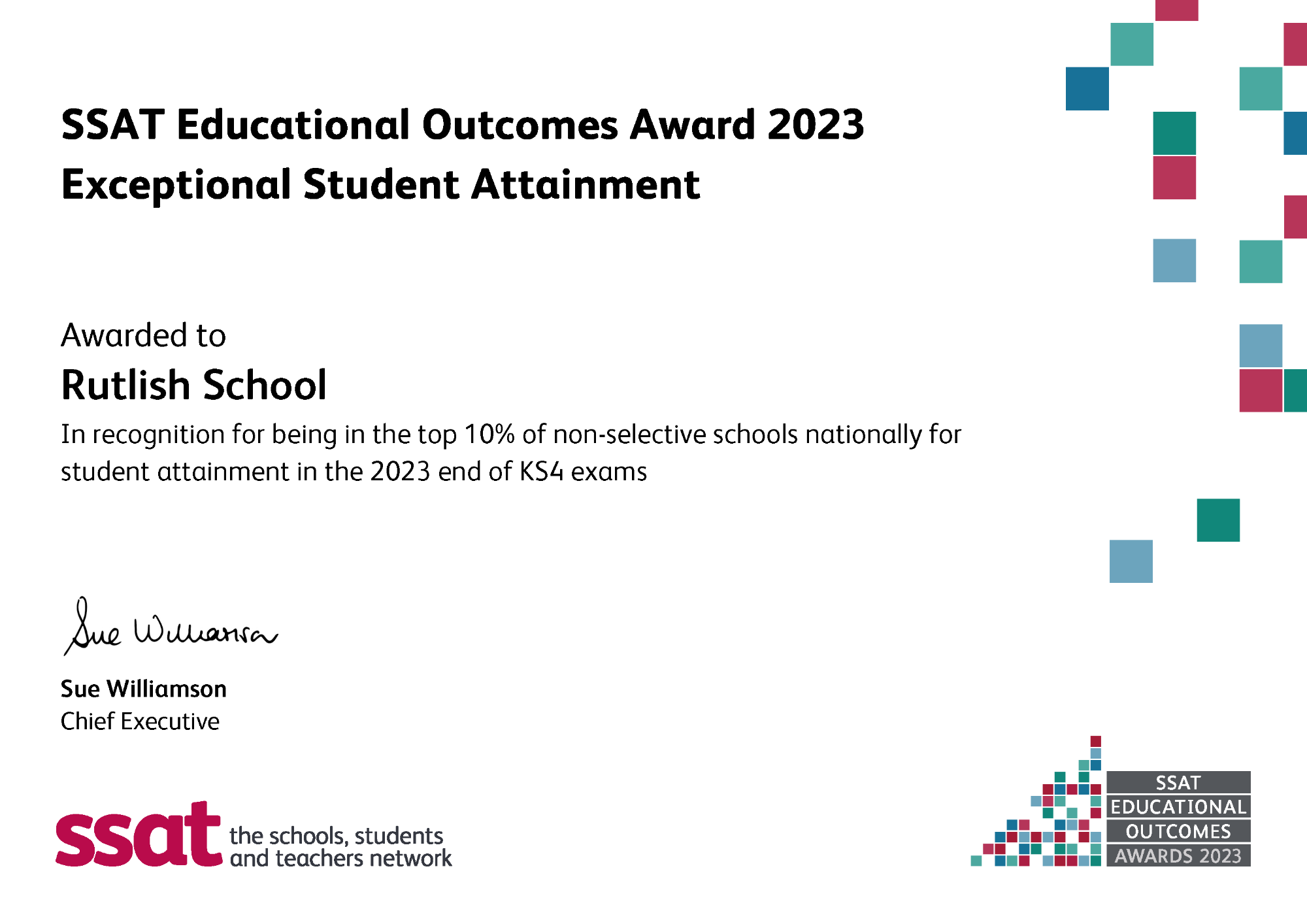 SSAT Educational Awards 2023 certificate for exceptional student attainment