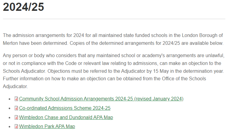 screenshot from the Merton website secondary school admissions