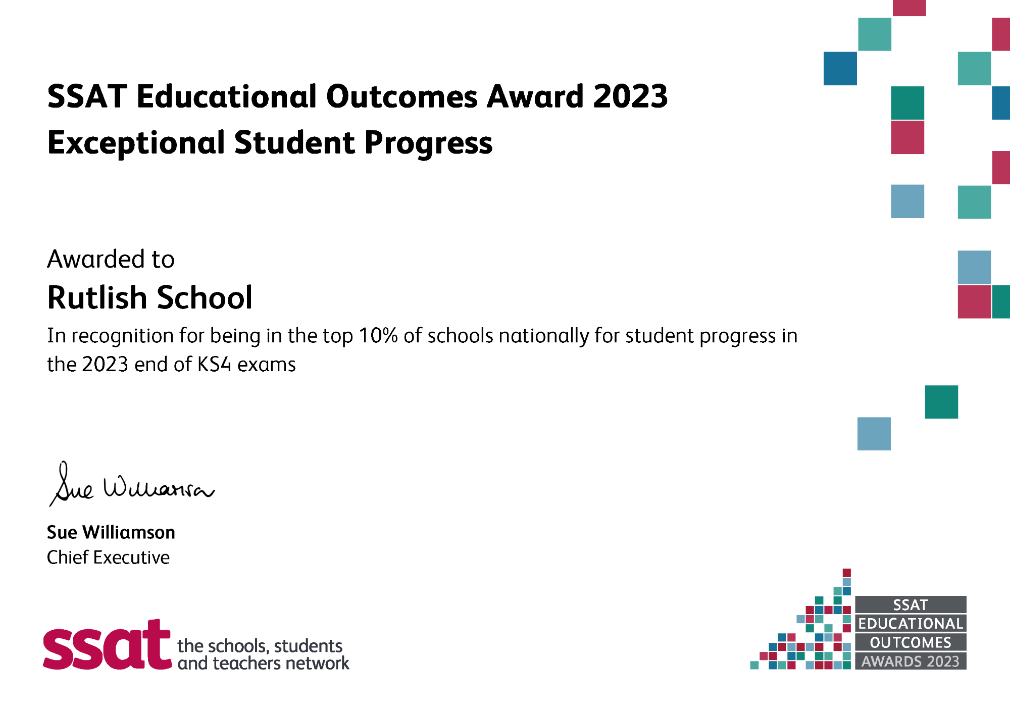 SSAT Educational Outcomes Award 2023 certificate for exceptional student progress